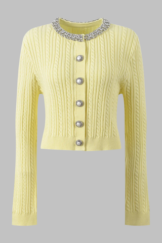 Butter Yellow Long Sleeve Cable Knit Cardigan with Crystal Collar and Pearl Buttons