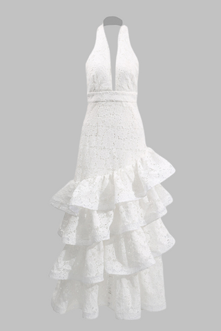 Ivory Bloom Lace Halter Tiered Backless Ruffled  Long Dress
