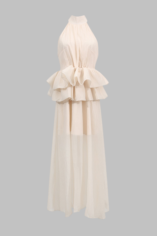 Halter Neck Sleeveless Long Dress with Layered Ruffle Waist and Flowing Skirt