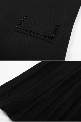 Sleeveless Knit Long Dress with Pearl Trim and Pleated Skirt