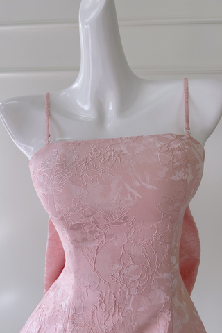 Pink Embroidered Lace Mini Dress with Back Bow & Corset Detailing