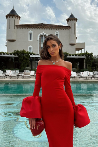 Sculpted Lantern Sleeve Off-Shoulder Long Dress