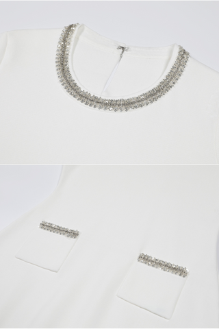 Long Sleeve Crystal Pocket Detail Short Sleeve Knit Mini Dress