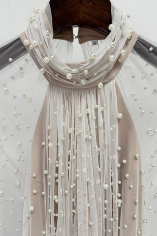 Heavy Pearl-Embroidered Mesh Tulle Long Dress with High Collar and Draped Cape