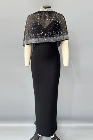 Strapless Bandage Long Dress with Rhinestone Mesh Cape Overlay and High Neck