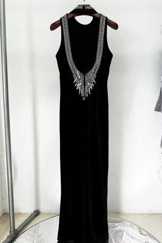 Velvet Sleeveless Long Dress with Rhinestone Embellished High Neck and Open Back