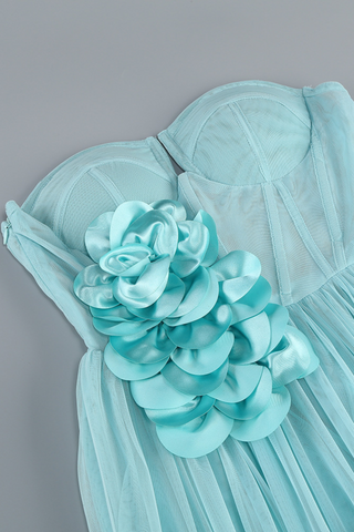 Aqua Tulle Strapless Corse Long Dress with Flower Appliqués and Lace-Up Back
