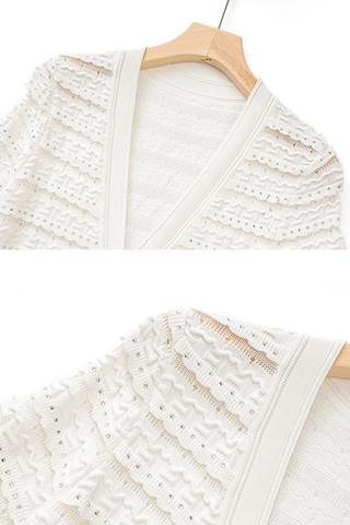 Long Sleeve Textured Knit Long Dress with Button Front & Rhinestone Embellishments