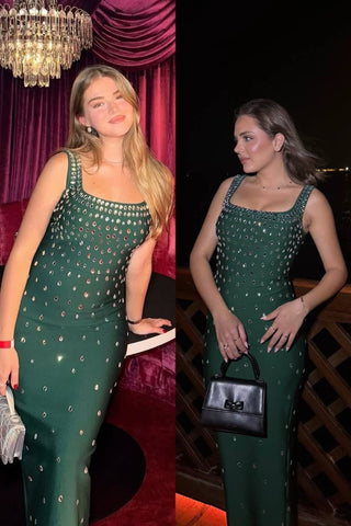 Luxury Rhinestone U-Neck Sleeveless Bandage  Elegant Bodycon Fit Long Dress