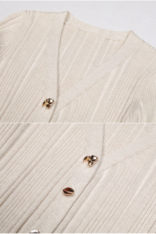 Knit Ribbed Button-Down Flare Maxi Dress with Fluted Cuffs – Long Sleeve Bodycon Elegant Style