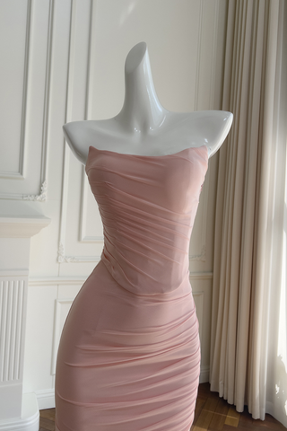 Dusty Rose Draped Mesh Strapless Set with Convertible Scarf & Fishtail Maxi Skirt