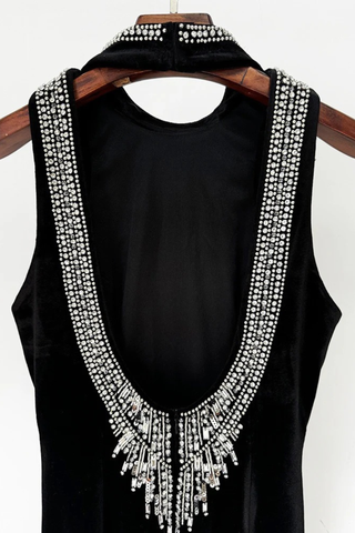 Velvet Sleeveless Long Dress with Rhinestone Embellished High Neck and Open Back