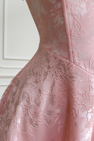 Blossom Pink Floral Jacquard Corset Long Dress with Lace Up Back and Pleated Bust