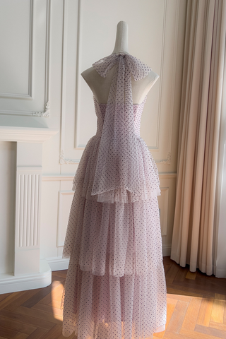 Blush Polka Dot Halter Dress with Tiered Mesh Skirt