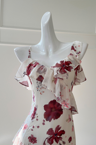 Rosé Cascade Floral Chiffon Sleeveless  Midi Dress