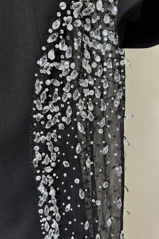 Off-Shoulder Long Sleeve Long Dress with Crystal-Embellished Sheer Panel