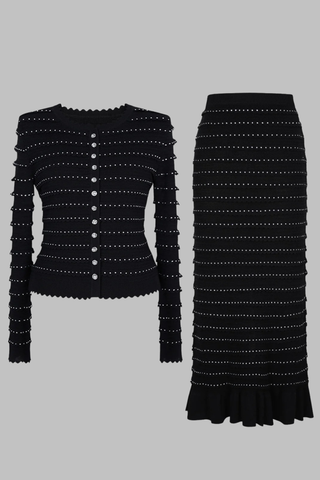 Knitted Two-Piece Set with Rhinestone Detailing – Cardigan & Midi Long Skirt