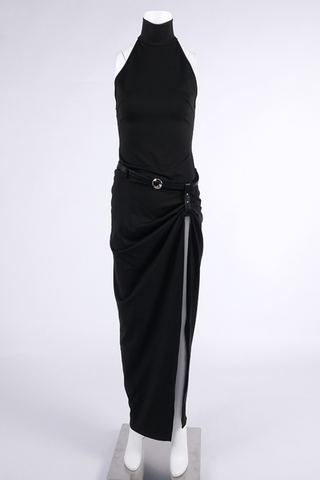 Sculpted Halter-Neck Belted Slit  Long Dress