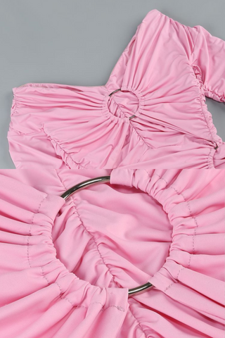 Pink Ring-Cut Draped Long Sleeve Dress  With Ruched One-Shoulder with Asymmetric Drape