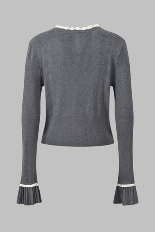 Charcoal Gray Three-Piece Knitted Set with White Floral Trim – Cardigan, Top & Pleated Mini Skirt