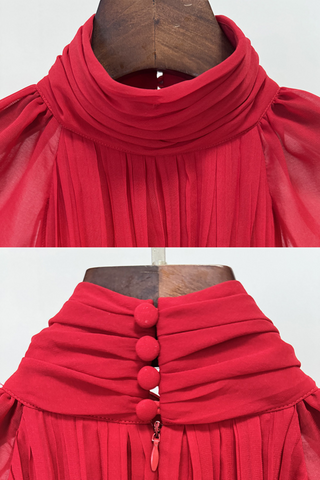 Red Pleated Cape Long Dress with High Neck and Chiffon Overlay