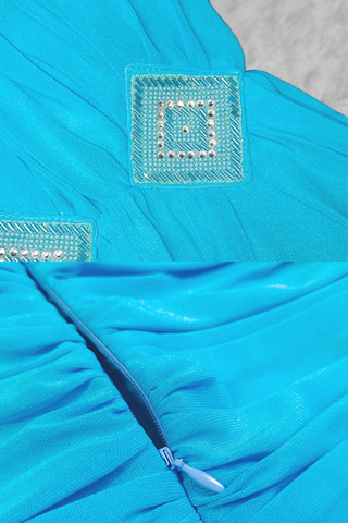 Aqua Blue Strapless Mesh Long Dress with Crystal Diamond Accents