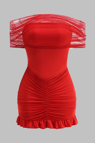 Scarlet Off-Shoulder Mesh Tulle Ruched Bodycon Mini Dress with Ruffled Hem & Stretch Lining