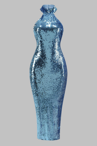 High-Shine Sequin Halter Neck Evening Long Dress with Back Slit and Pearl Button Detail