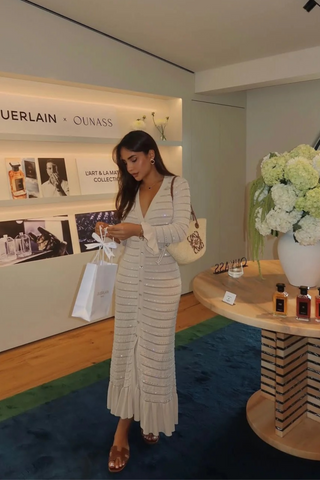 Long Sleeve Textured Knit Long Dress with Button Front & Rhinestone Embellishments