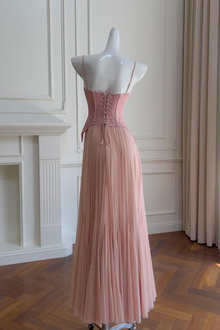Romantic Blush Lace-Up Corset Maxi Dress with Sweetheart Neckline & Flowing Pleated Skirt