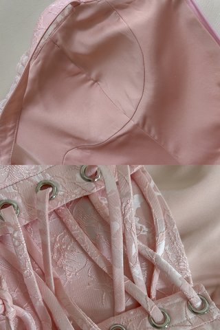 Blossom Pink Floral Jacquard Corset Long Dress with Lace Up Back and Pleated Bust