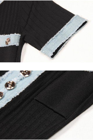 Short Sleeves Denim-Trimmed Knitted Long Dress