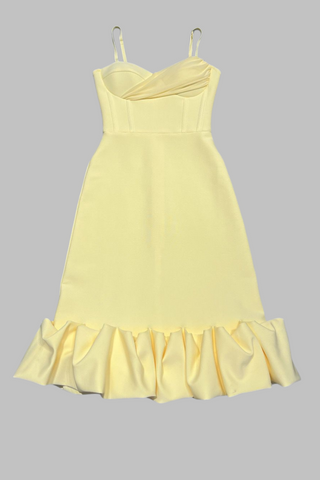 Yellow Sweetheart Neck Bandage Midi Dress with Ruffle Fishtail Hem