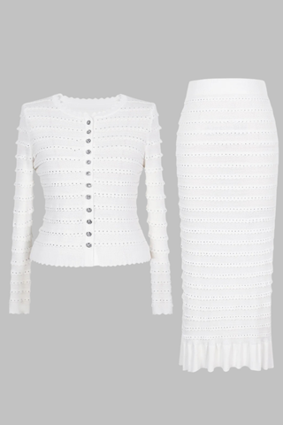 Knitted Two-Piece Set with Rhinestone Detailing – Cardigan & Midi Long Skirt