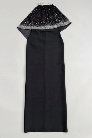 Strapless Bandage Long Dress with Rhinestone Mesh Cape Overlay and High Neck