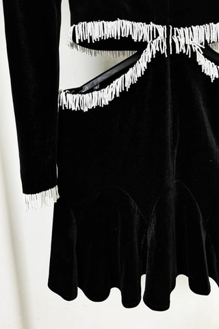 Velvet Long Sleeve Mini Dress with Beaded Fringe and Cutout Waist