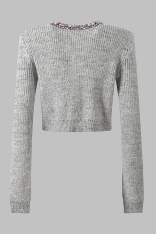 Short Knit Cardigan with Jewel-Embellished Round Neck and Buttons