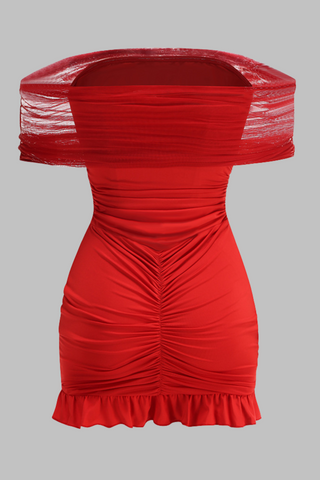 Scarlet Off-Shoulder Mesh Tulle Ruched Bodycon Mini Dress with Ruffled Hem & Stretch Lining