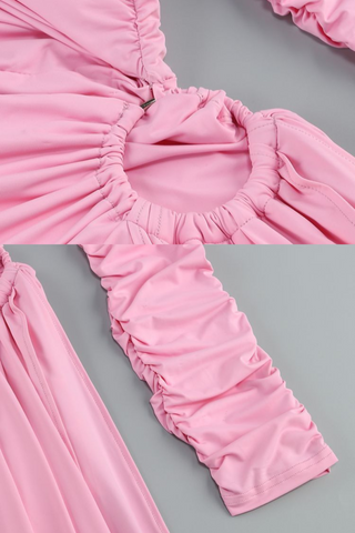 Pink Ring-Cut Draped Long Sleeve Dress  With Ruched One-Shoulder with Asymmetric Drape