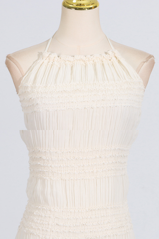 Beige Smocked Halter Long Dress with Sheer  Open Back