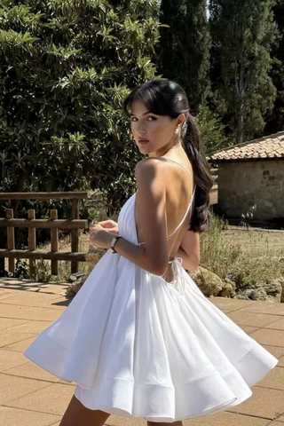 Backless Crisscross V-Neck Flared Mini Dress