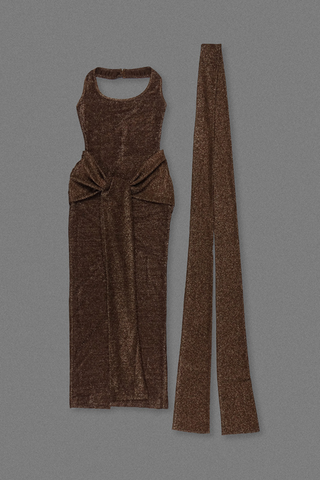 Coffee Metallic Halter Long Dress Backless Slim Fit with Waist Tie Detail