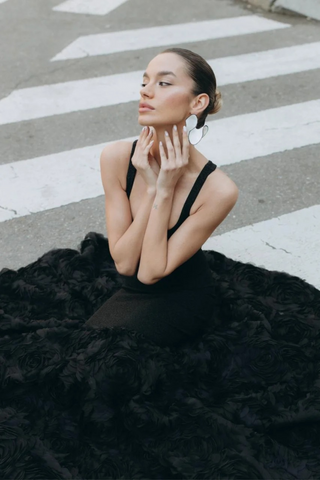 Glamorous Black Mermaid Long Dress Sleeveless Scoop Neck, Glitter Knit Bodice with 3D Rosette Feathered Skirt