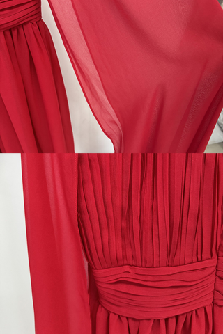 Red Pleated Cape Long Dress with High Neck and Chiffon Overlay