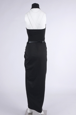 Sculpted Halter-Neck Belted Slit  Long Dress