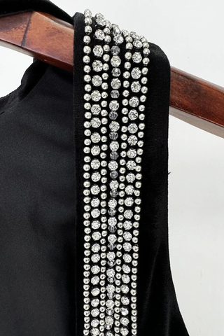 Velvet Sleeveless Long Dress with Rhinestone Embellished High Neck and Open Back