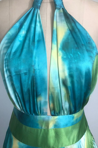 Emerald Ocean Breeze Plunge Halter  Long Dress with Cascading Ruffle Skirt