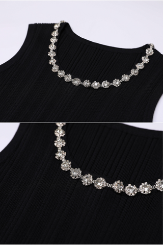 CrystalEmbellished Knit Flared Long Dress