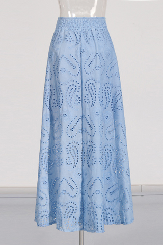 Sky Bloom Embroidered Eyelet Set  Round Neck Crop Top & High-Waist Maxi Skirt