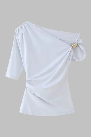 Asymmetric Draped Half Sleeve Top with Metal Accent